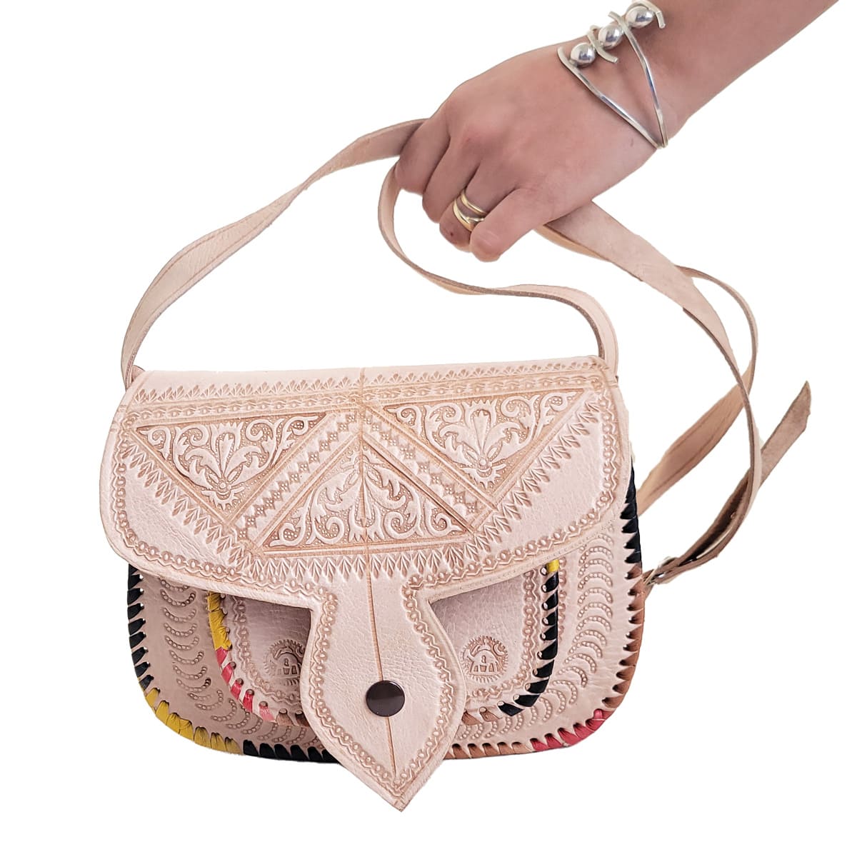 ▷ Bolso de cuero palo rosa con broche en punta bolso étnico