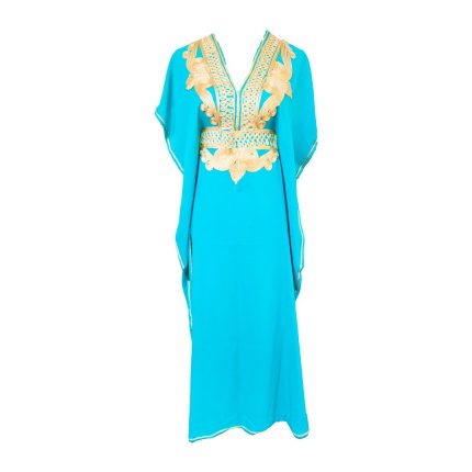 Vestido Celeste con Diseños Dorados