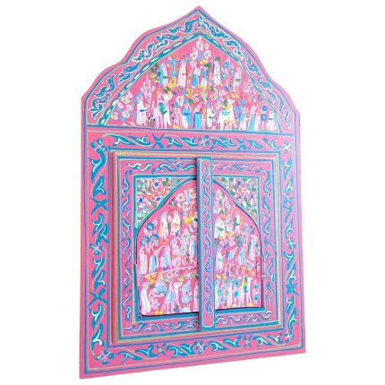 espejo de madera rosado pintado con diseños azules